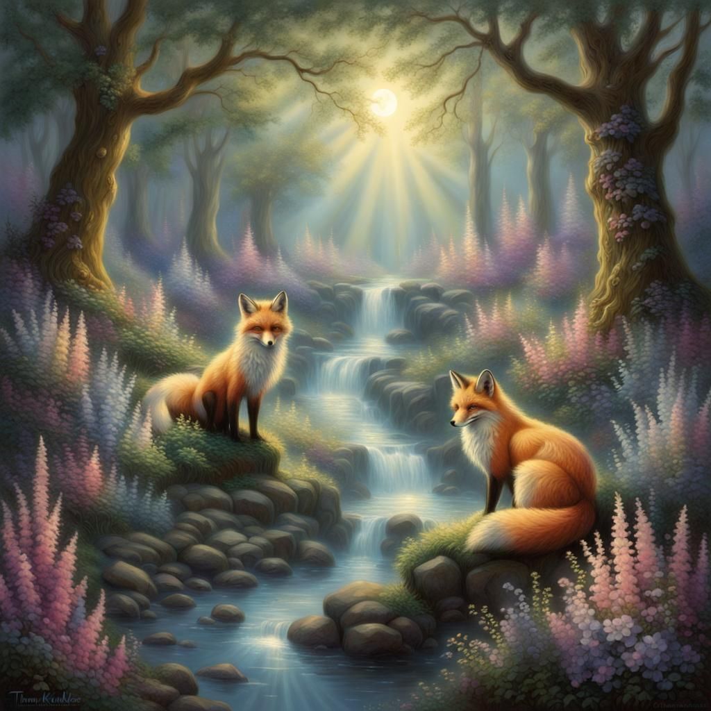Ethereal Forest Scene with Woman, Fox, and Moonlight