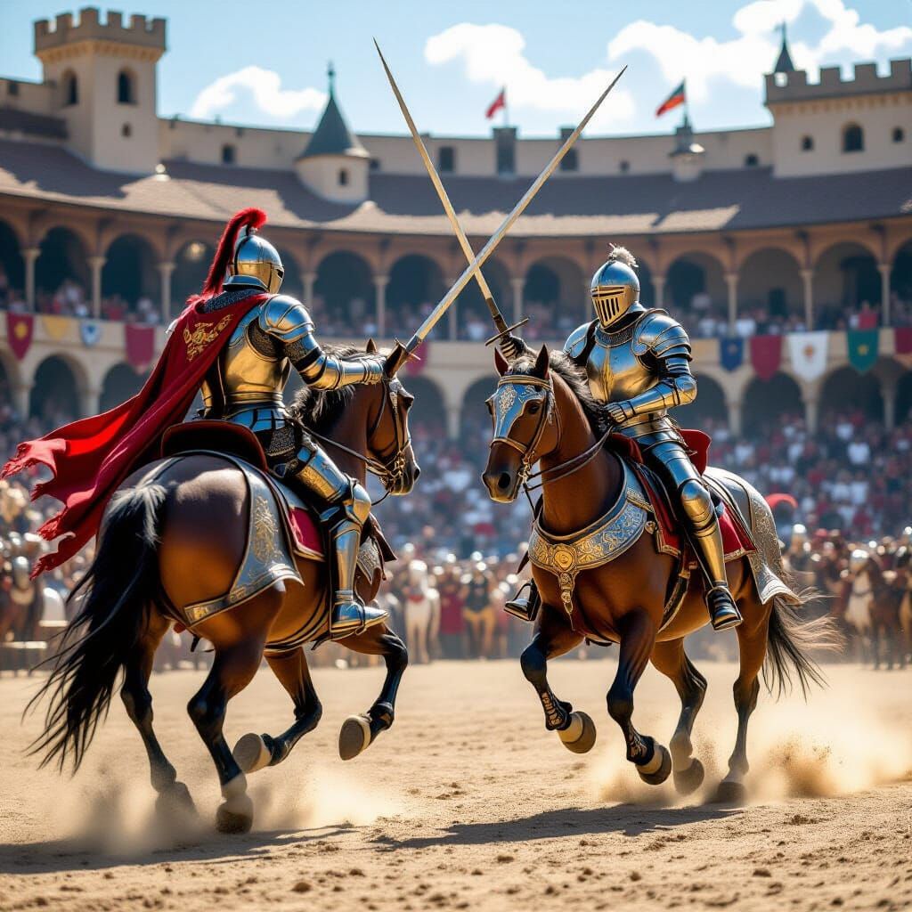 Knights Jousting on Warhorses in Medieval Tournament