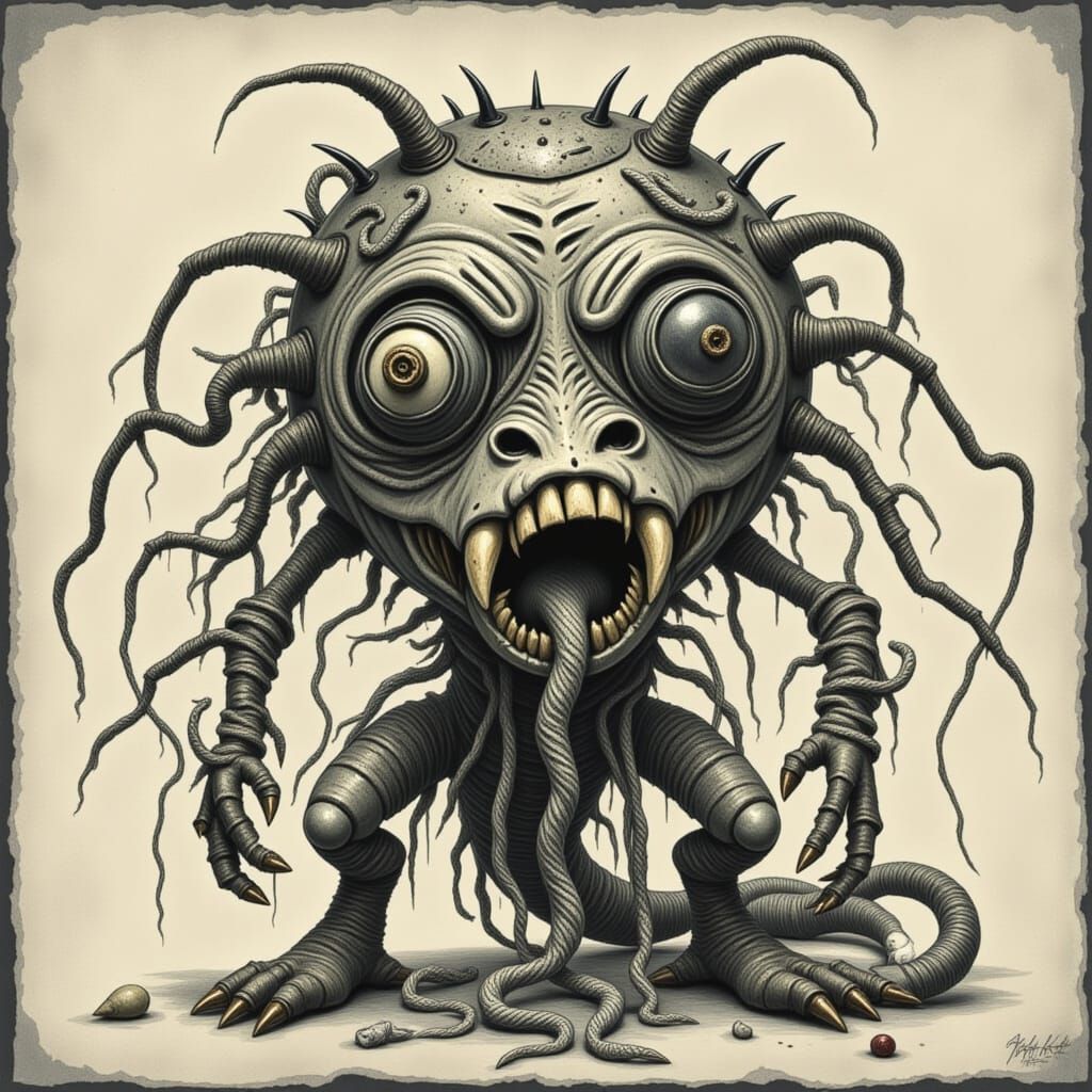 Yarn Monsters in Shadowed Landscape, Whimsical Art