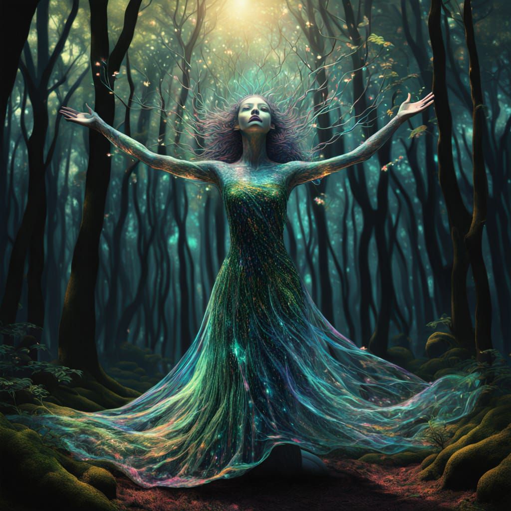 Ethereal Goddess Blossoms from Forest Floor in Iridescent Bi...