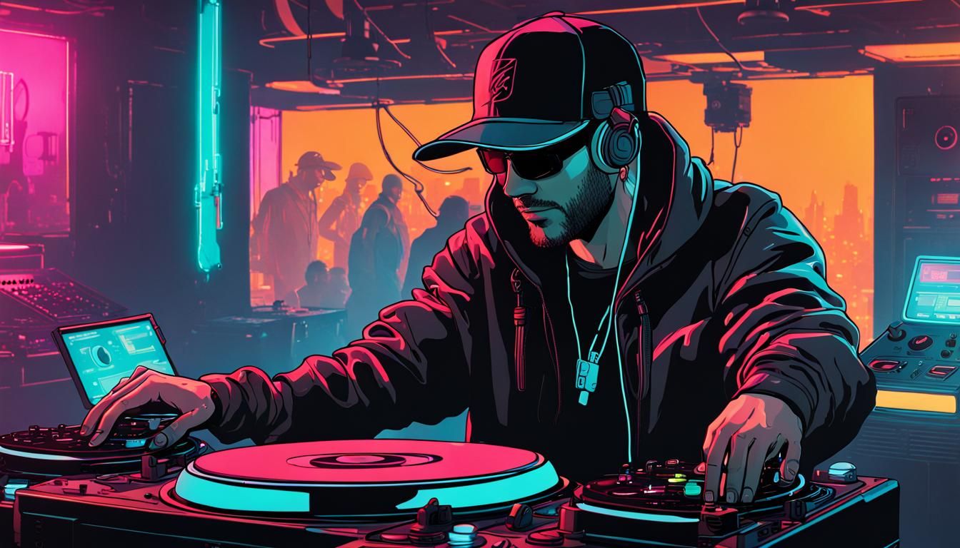 Cyberpunk DJ in Neon Lit Nightclub