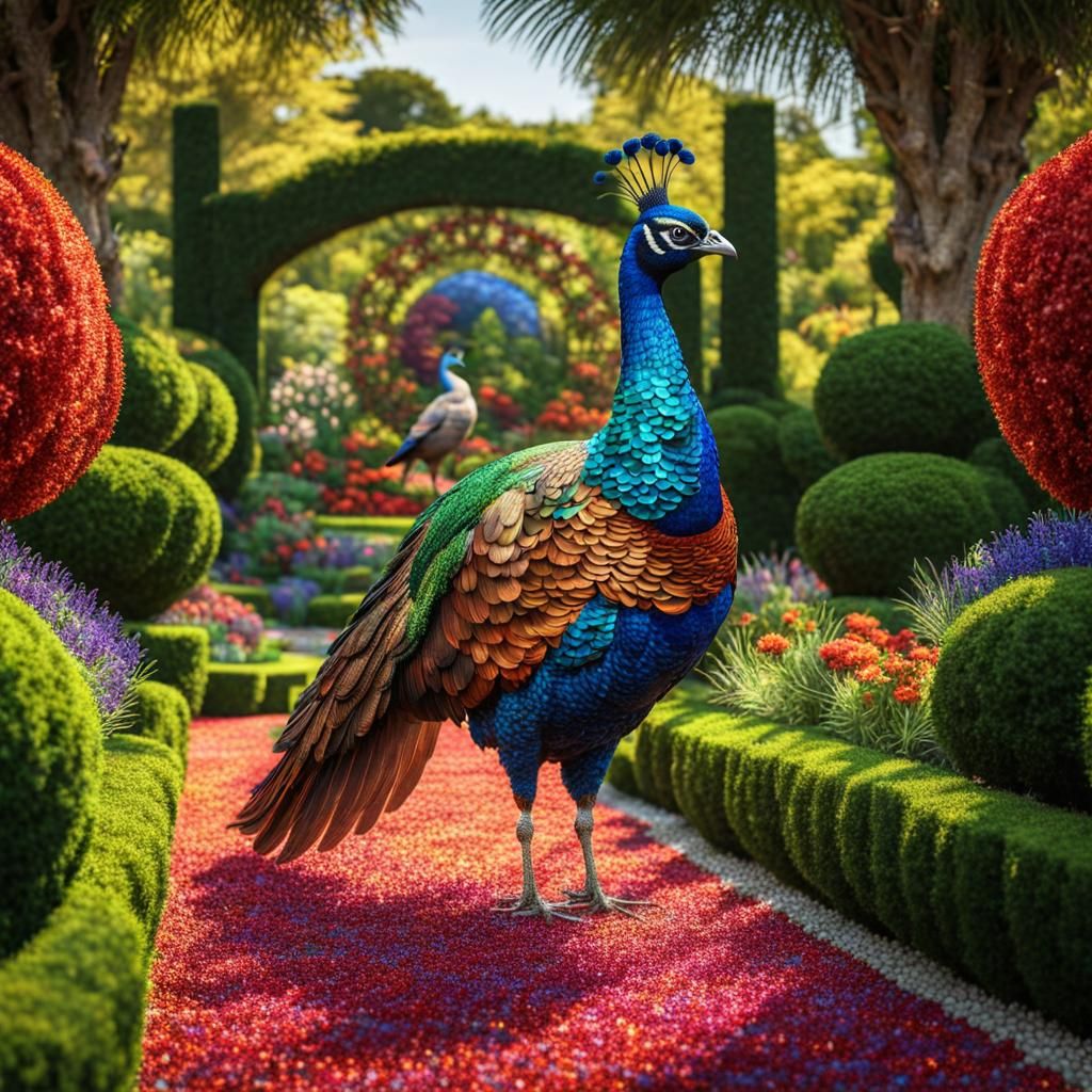 Pheasant and Peacock Hybrid in Topiary Garden