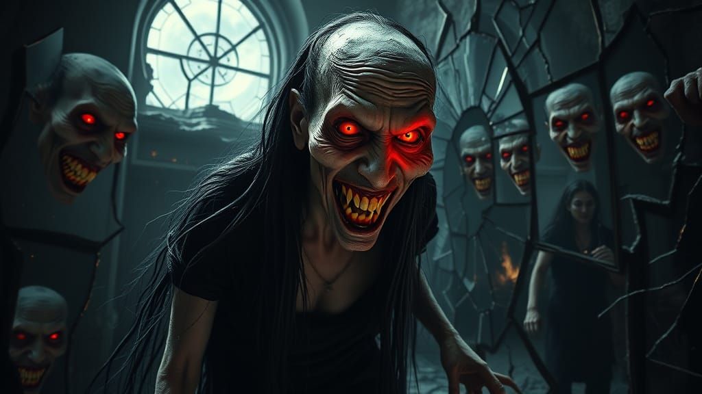 Ancient Vampire Woman Creeps Across a Dark, Ruined Room