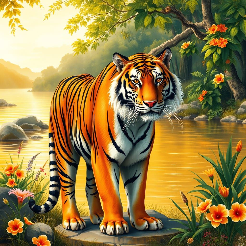 Majestic Tiger by Golden River in Whimsical Realist Style
