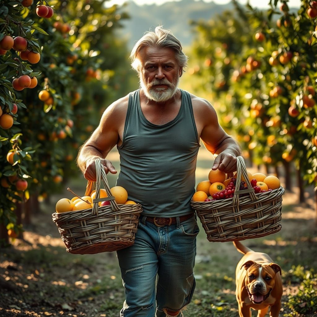 Close-up Photograph; foreground: A hairy forty-year-old tall muscular man carrying two padded baskets of fruits, wearing...