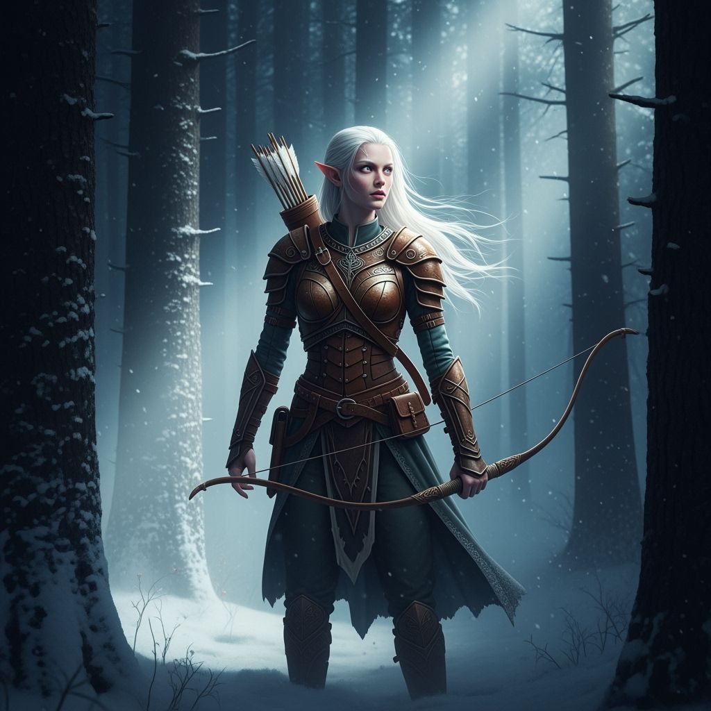 Albino Elf Huntress in Winter Forest