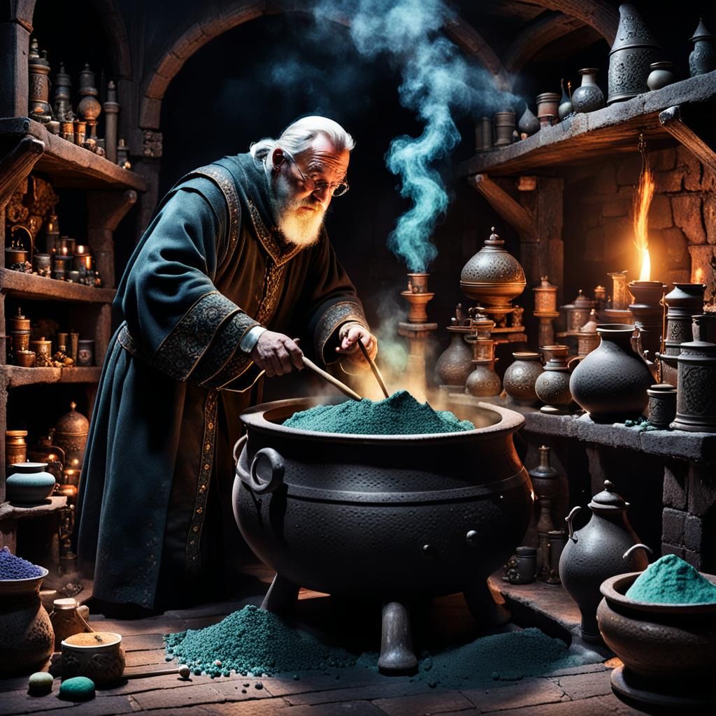 A dark medieval chamber filled with magical objects and an 60 year  man leaning over a cauldron and adding powders to hi...