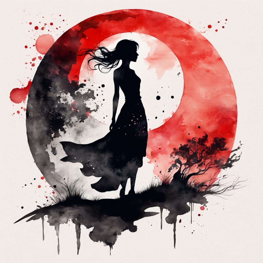Woman's Silhouette Under a Vibrant Red Moon in Watercolor In...
