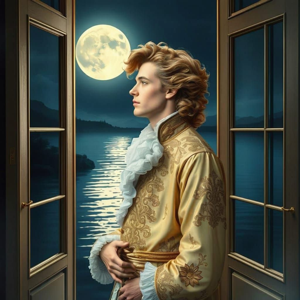 Rococo Prince Dreamily Watches Moonlit Lake