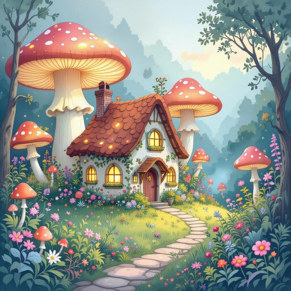 Enchanted Cottage in Mushroom Valley, Watercolor Style
