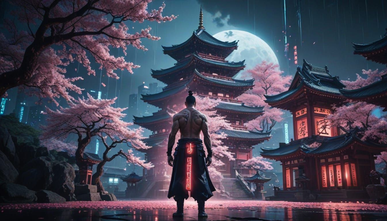 Futuristic Anime Warrior at Temple in Cyberpunk Style