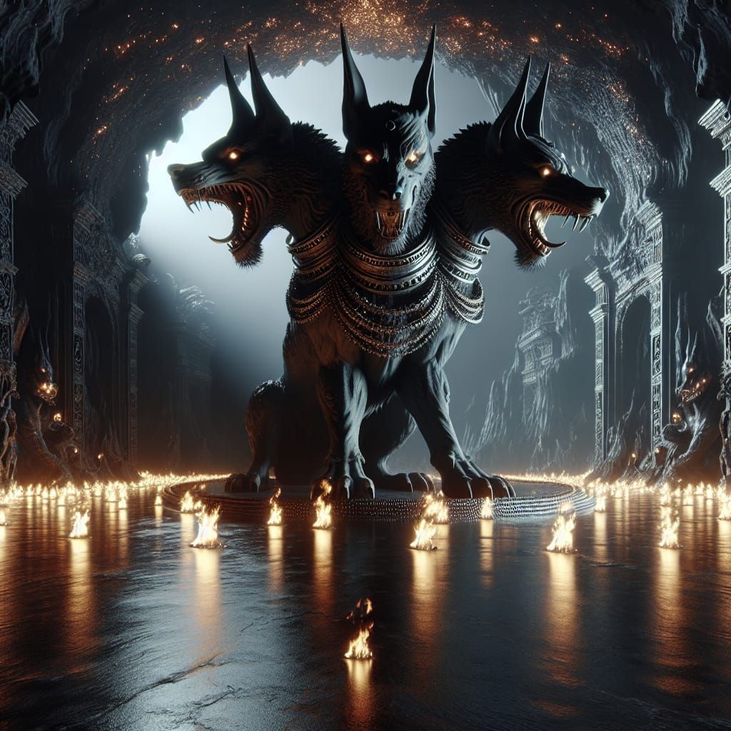 Mythical Three-Headed Cerberus Guarding the Gate