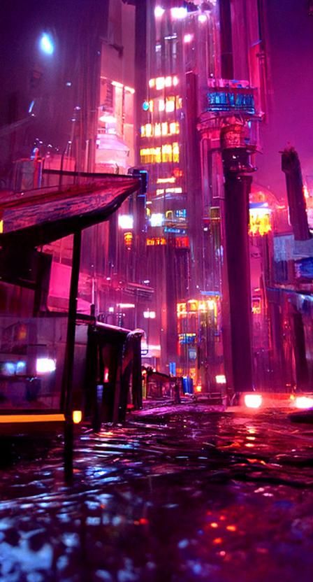 Futuristic City Street at Night in Cyberpunk Style