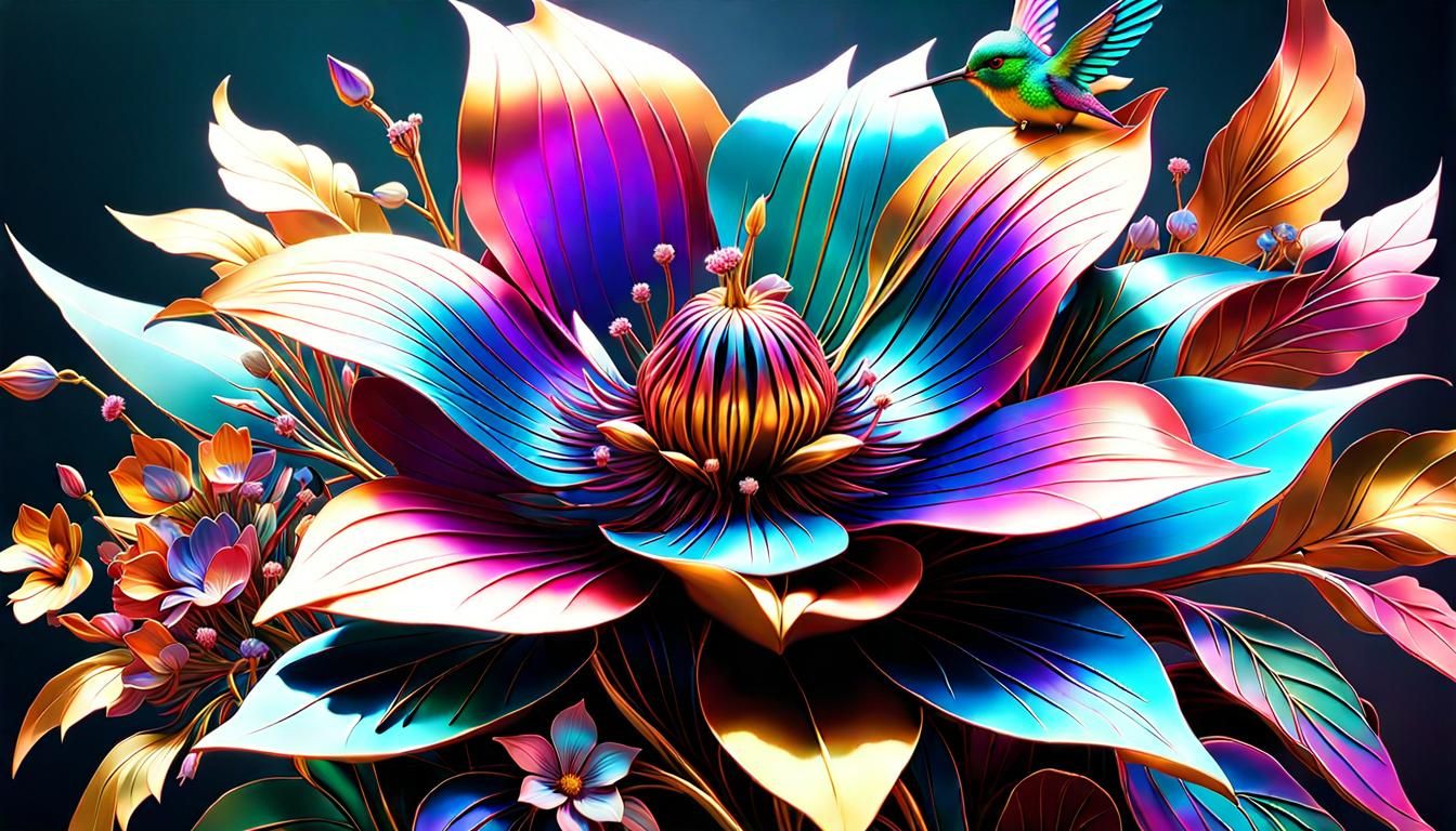 Metal Flower with Hummingbird, Fantasycore Digital Art