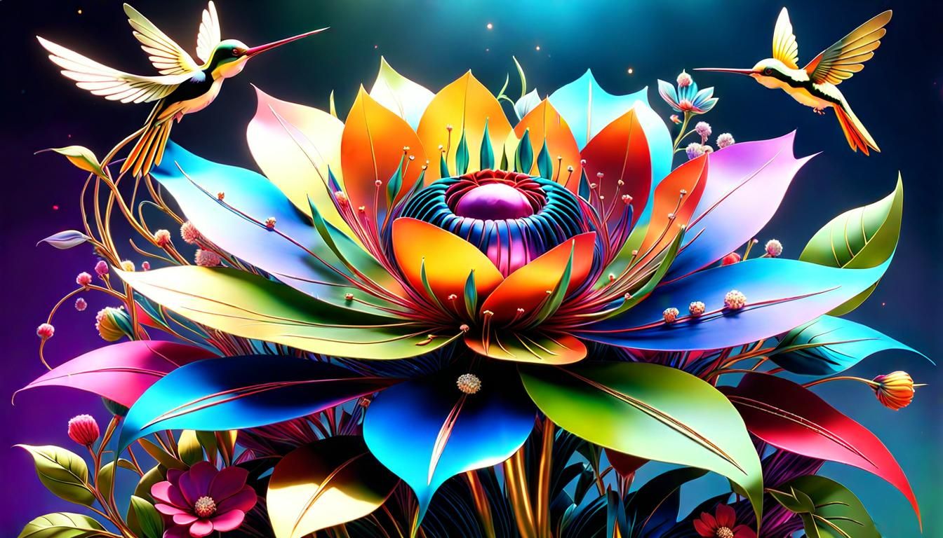 Metal Flower with Hummingbird in Fantasycore Style