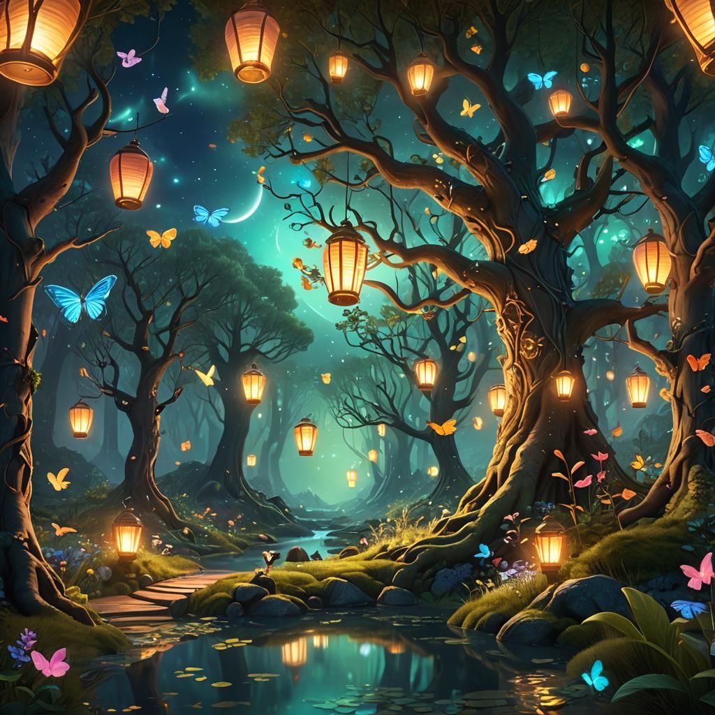 Enchanted Forest Realm with Glowing Flora and Aurora Sky