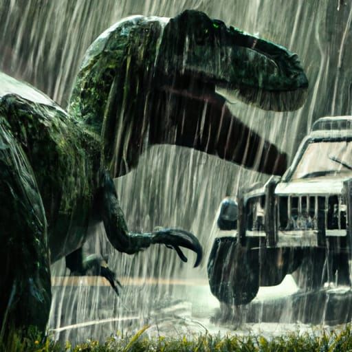 T-Rex in Rainy Jurassic Park Scene
