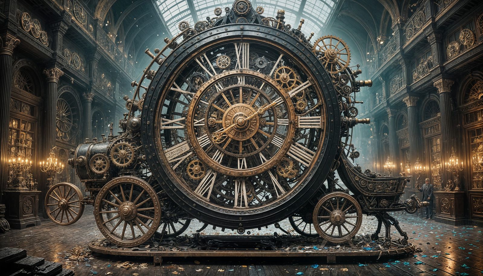 Surreal Clockwork Time Traveler in Midnight Carriage