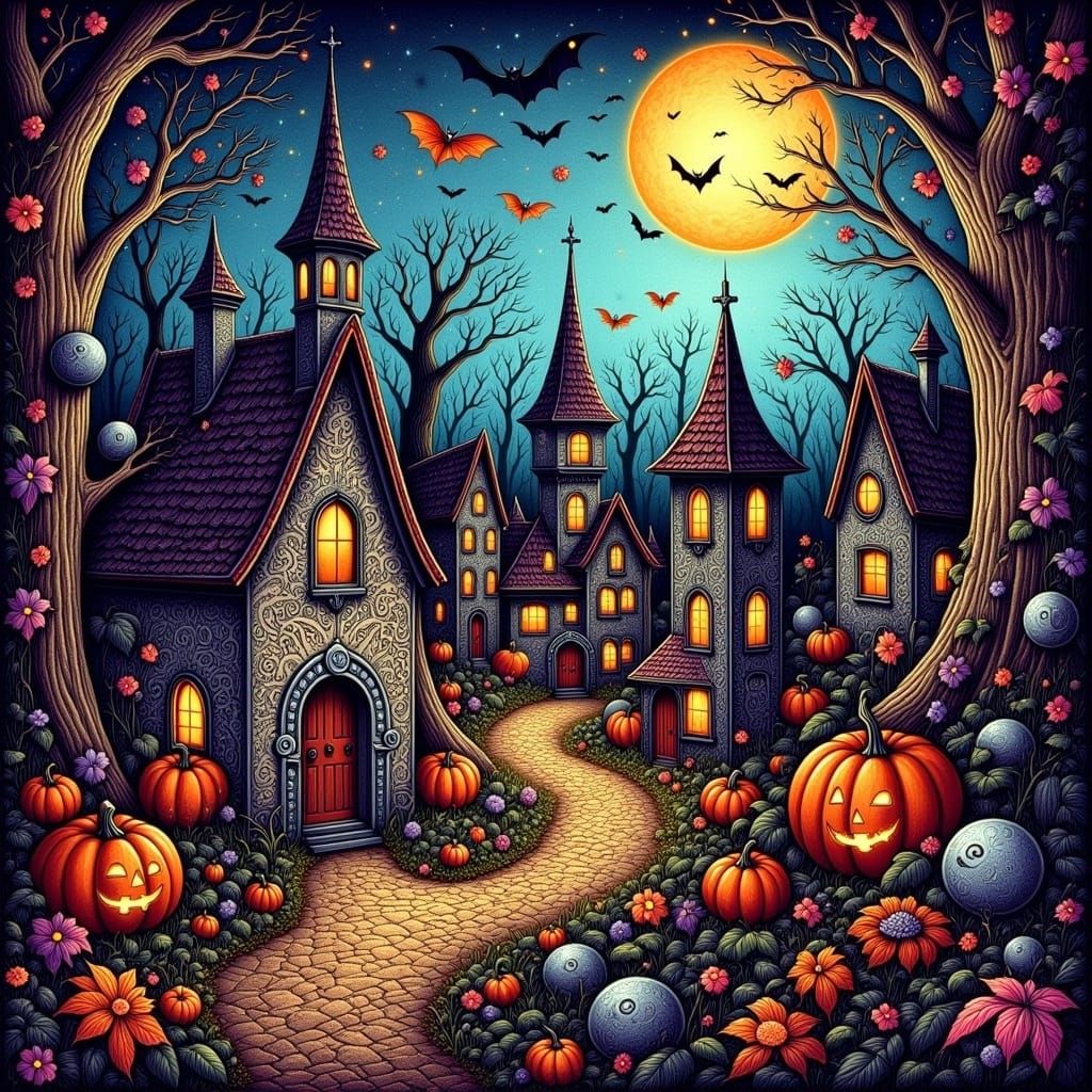 Magical Halloween Village in Enchanted Forest: Naive Art