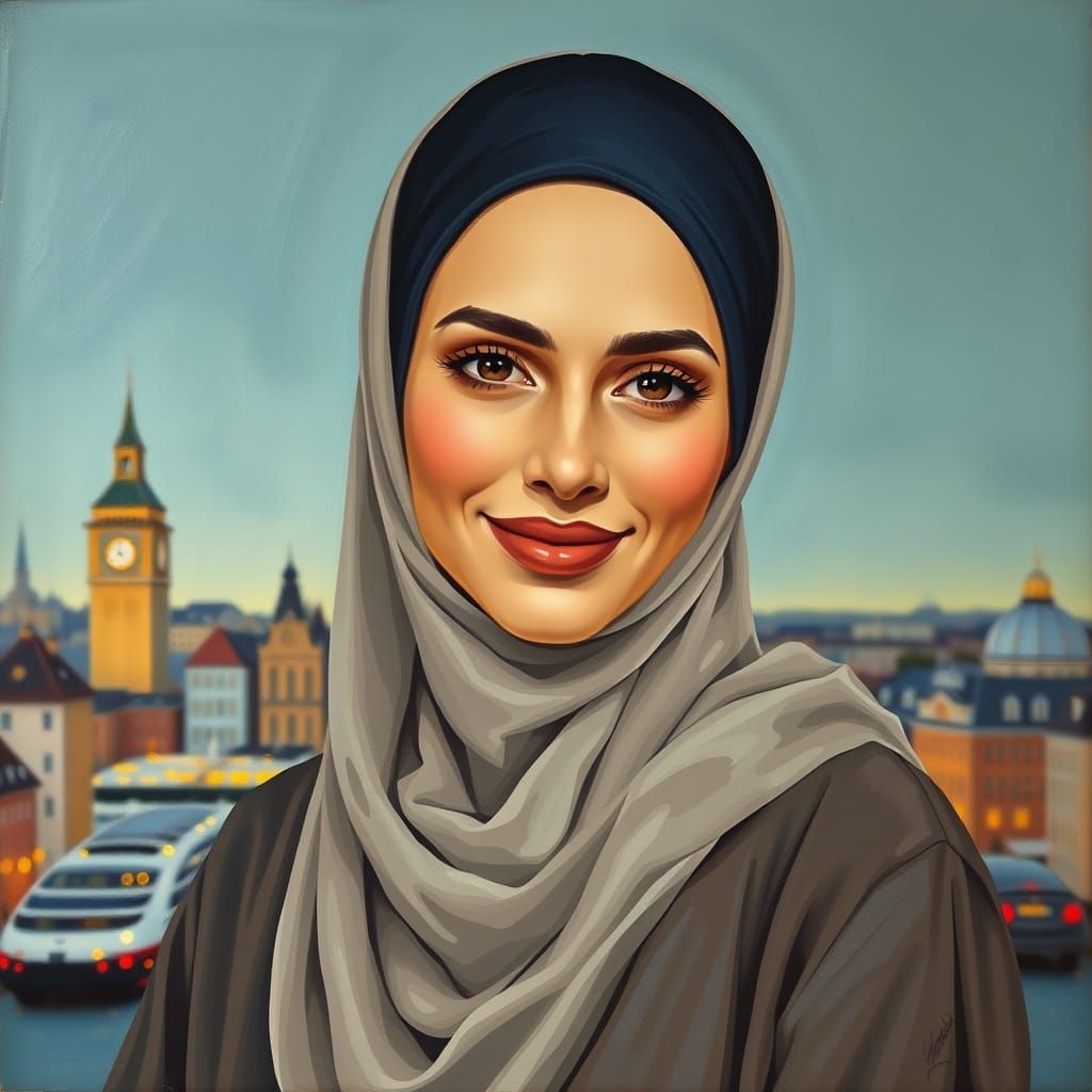 Elegant Hijabi Woman in Evening Cityscape, Oil Painting Styl...