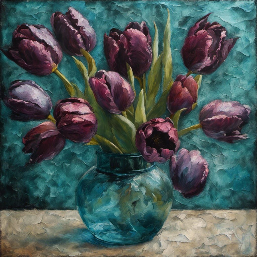 Mulberry Plum Feathered Tulips in Frosty Etched Glass Vase Translucent Half Filled with Icy Blue Water, black cloudy da...