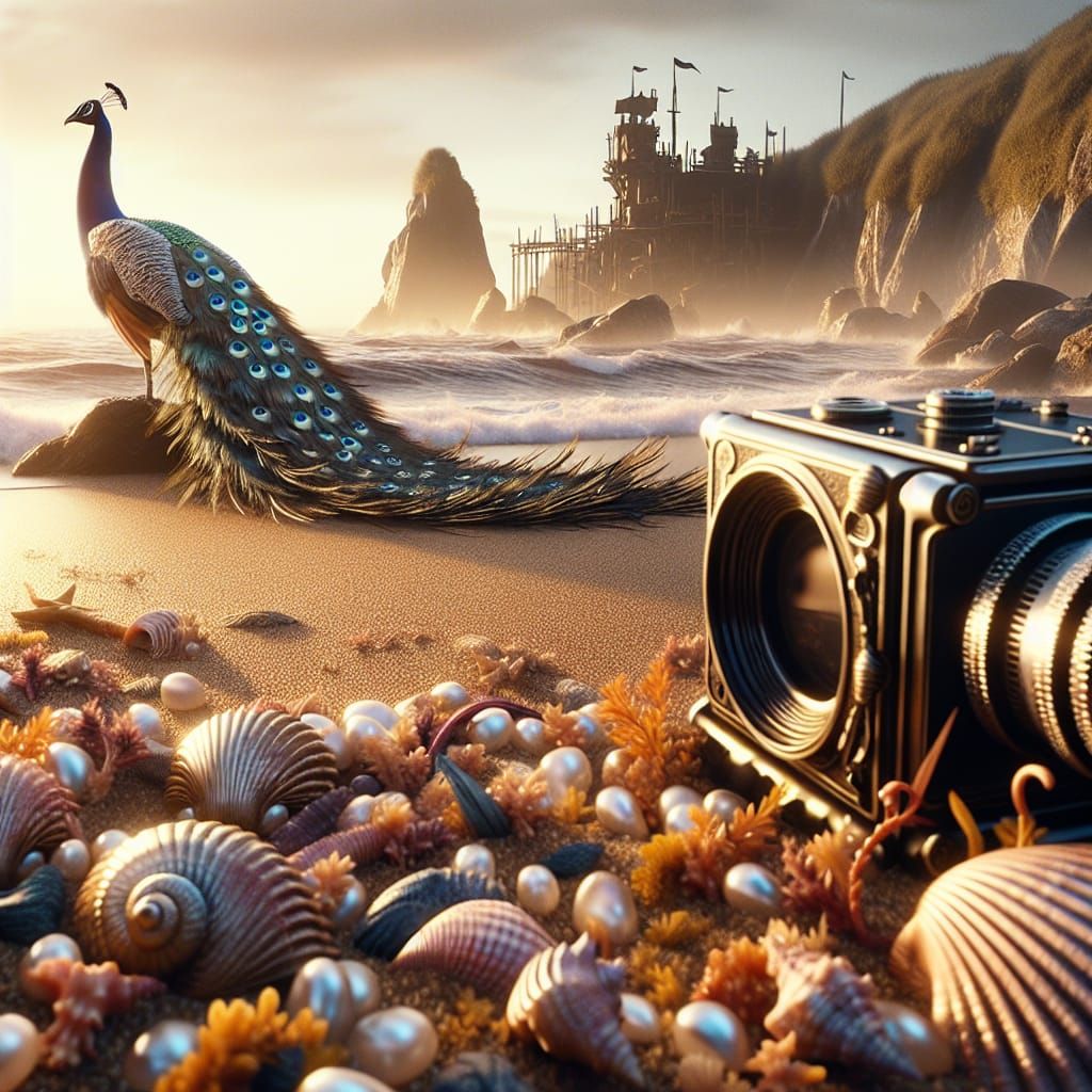 Dramatic Peacock on Beach with Castle: Analog Film Still