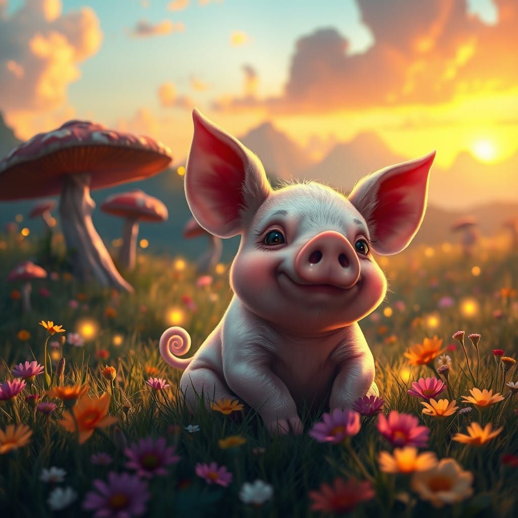 Dreamy Sunset Meadow Scene with Chubby Baby Pig