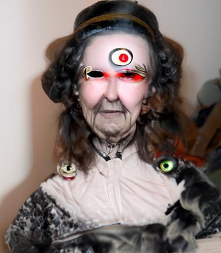 Eerie Portrait: Elderly Woman with Red Eyes