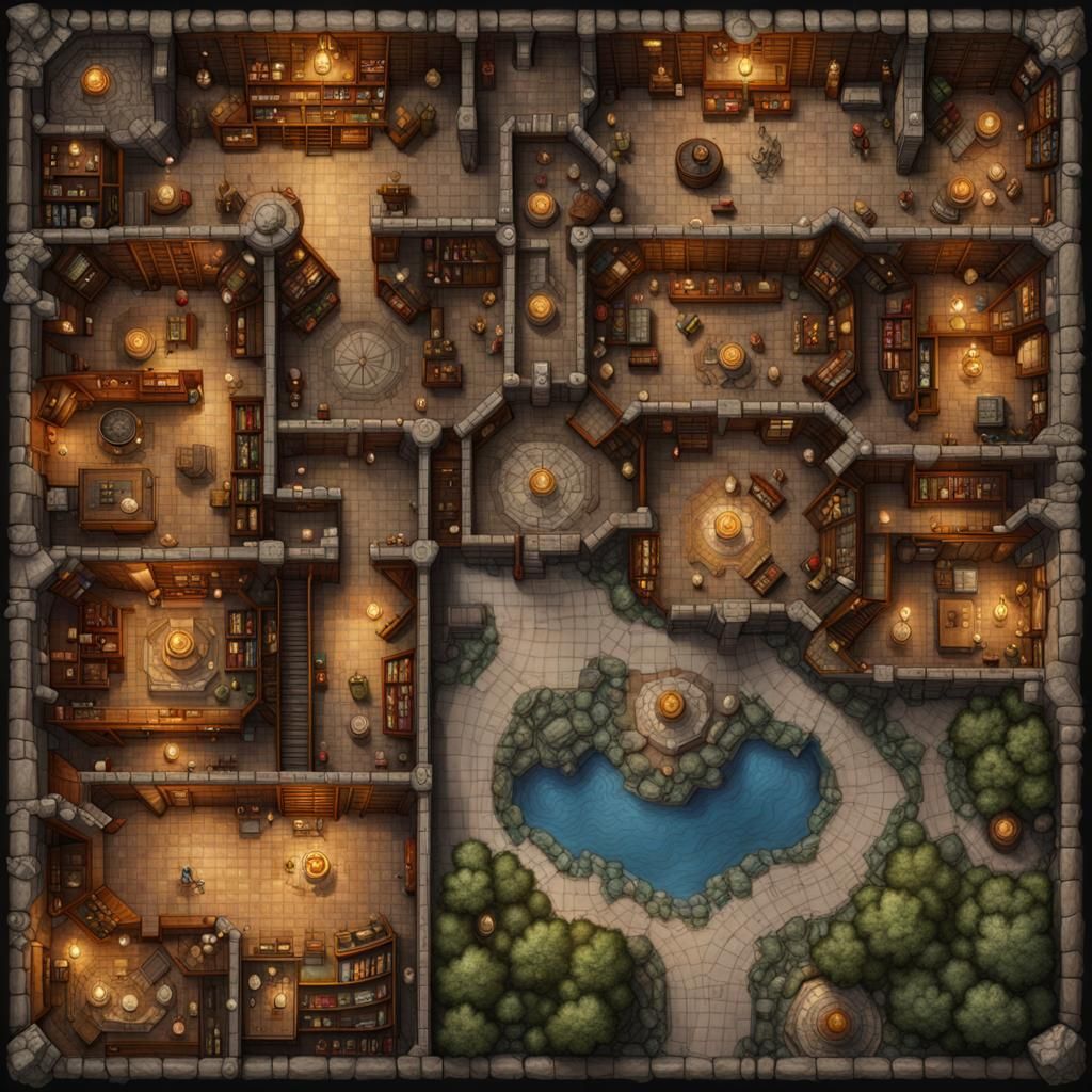 Detailed D&D Wizard's Library Battlemap in Top-Down View