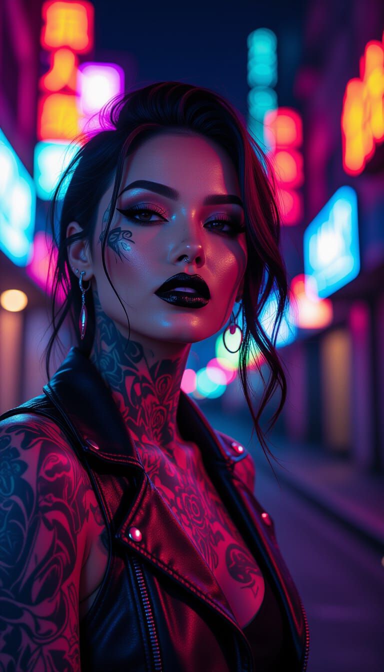 Cyberpunk Portrait with Black Lips and Neon Glow