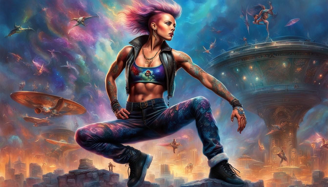 Acrobat in Spotlight: Bold Color Portrait with Tattoos