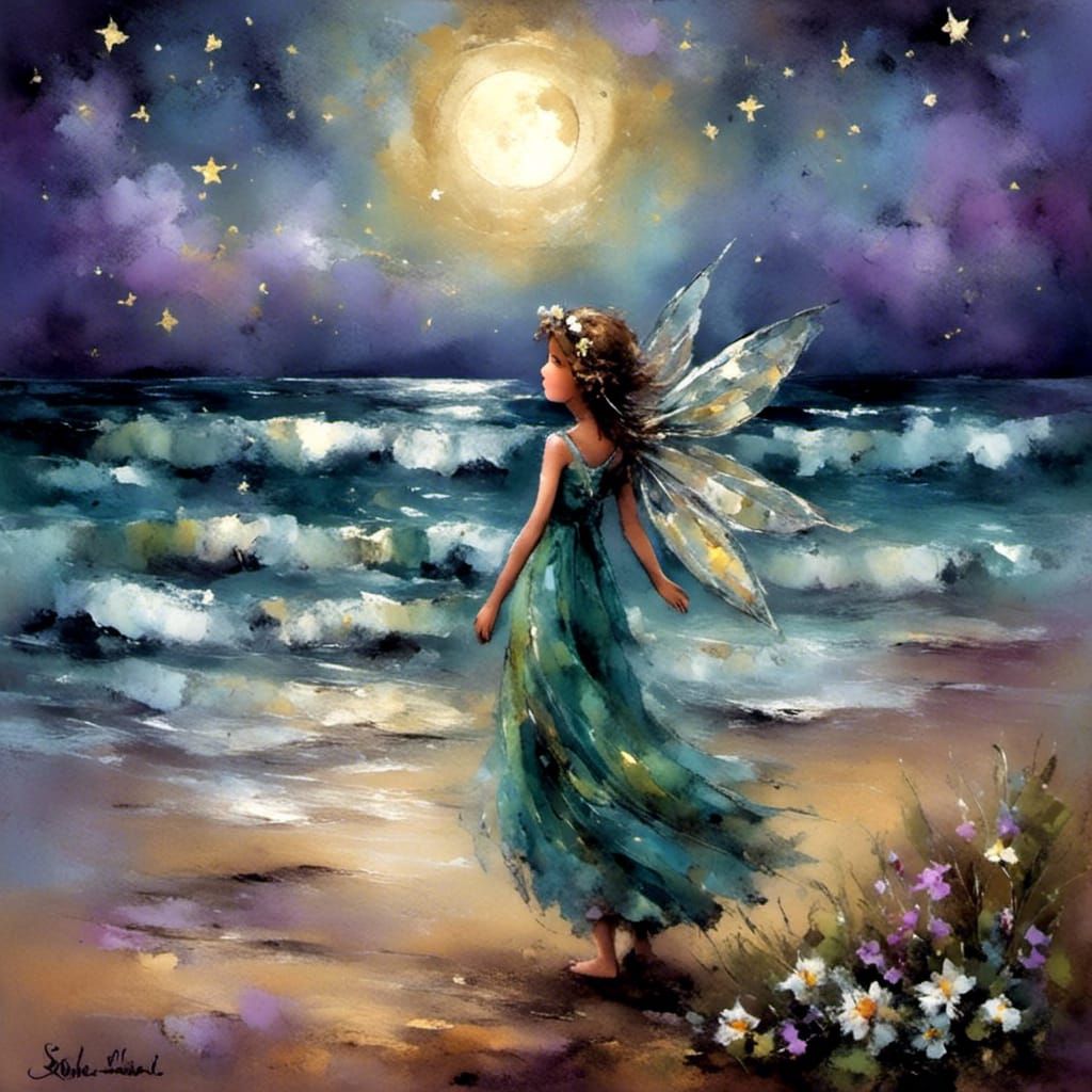 A tiny fairy girl stuck in an overturned bottle on the beach. A wavy sea in the moonlight. the stars are shining. fairy ...