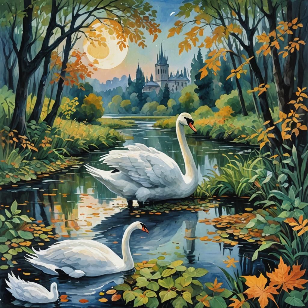 Swan on River: Impressionist Gouache Watercolor Painting