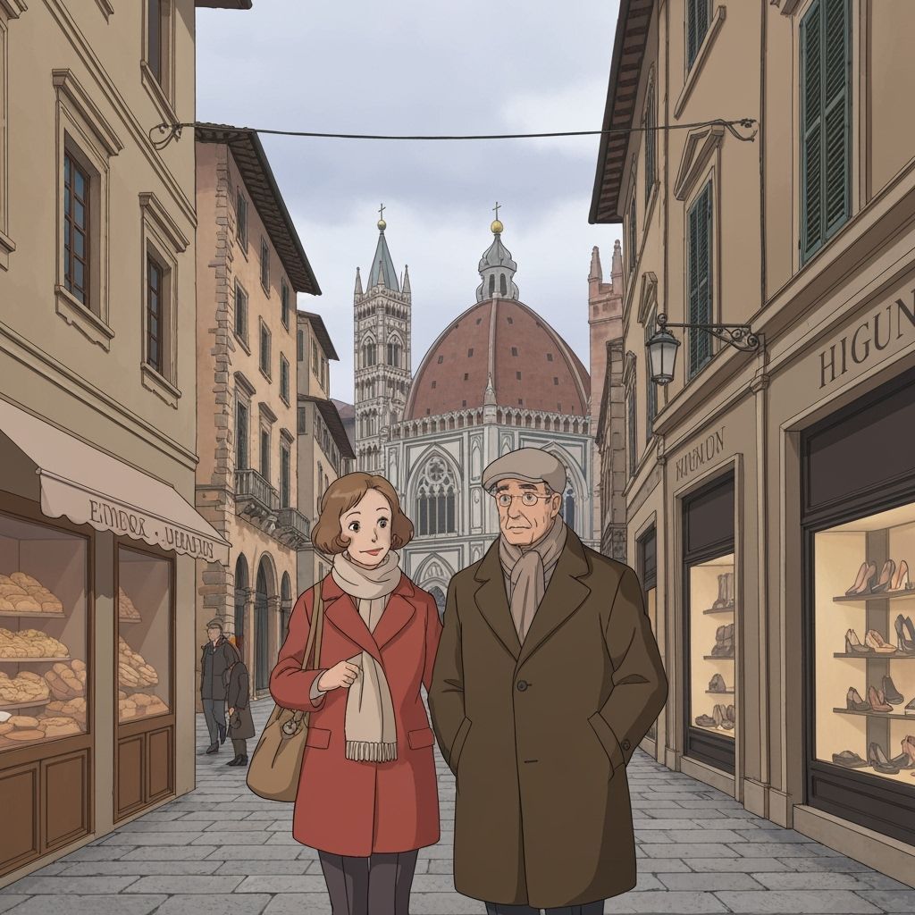 Couple Strolls Through Historic Italian City in Anime Style