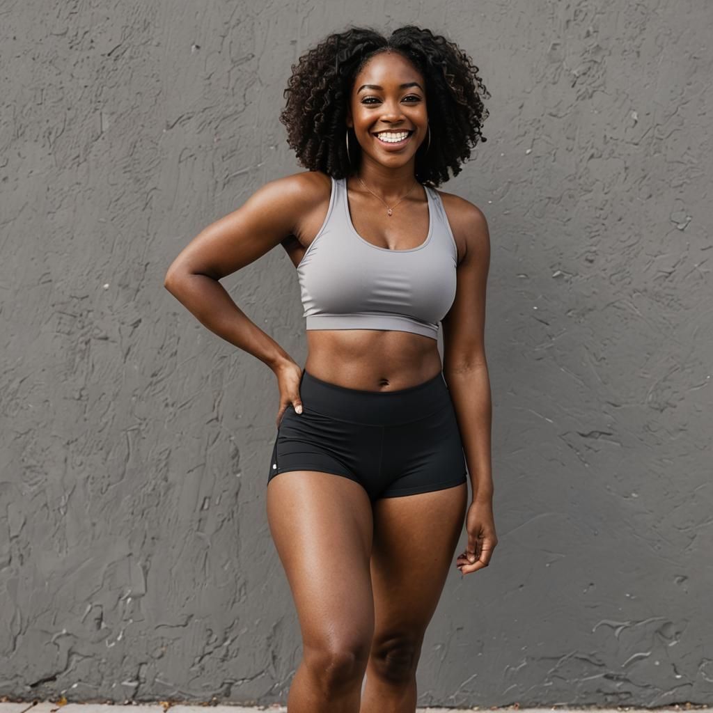 smiling ebony woman in spandex shorts