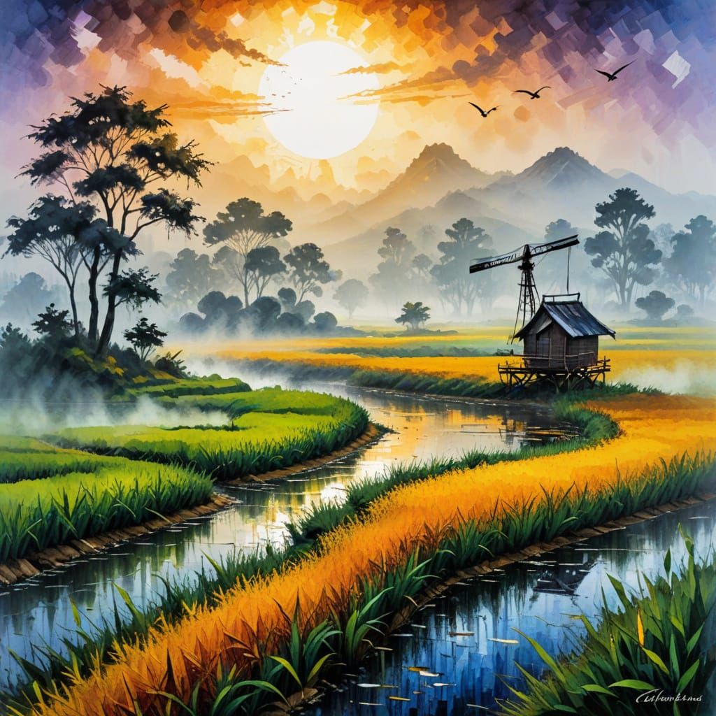 Misty Rice Paddy Crane: Expressionist Impasto Painting