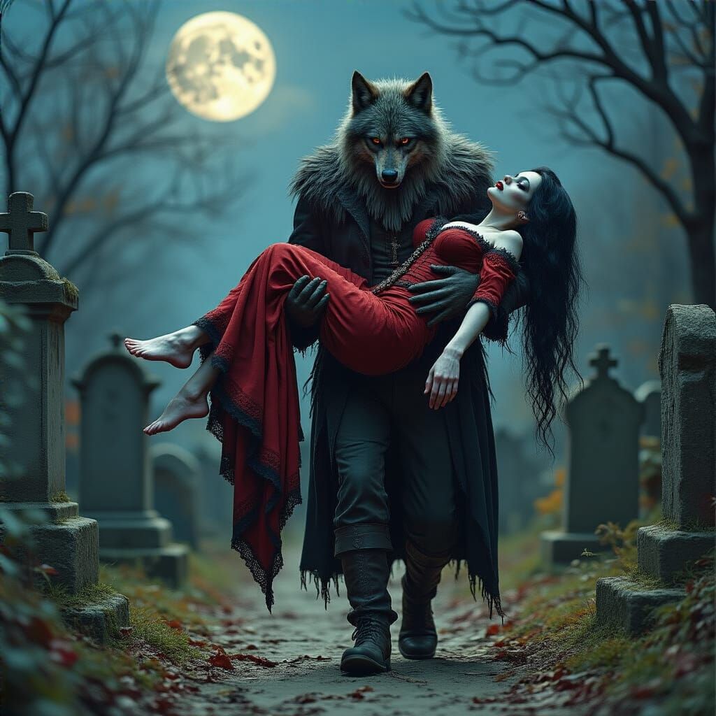 Wolfman Carries Vampire Queen Through Graveyard
