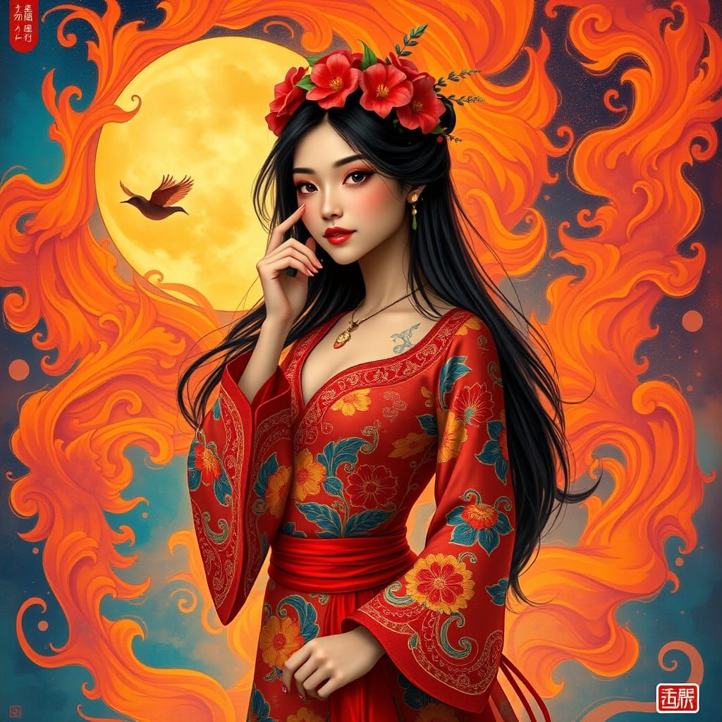Malaysian Woman in Fiery Landscape, Asian-Inspired Art