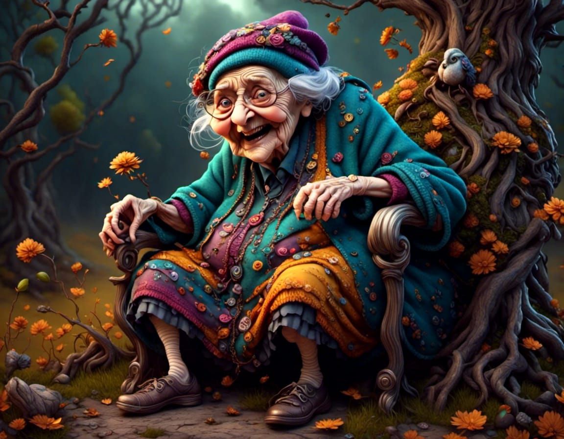 funny old lady, with a tree throne