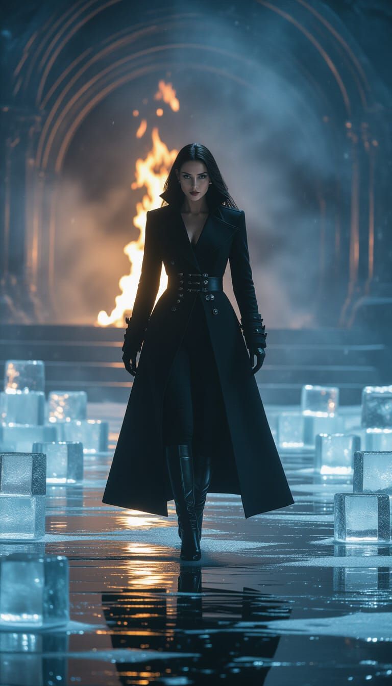 Mysterious Woman in Black Coat on Icy Floor