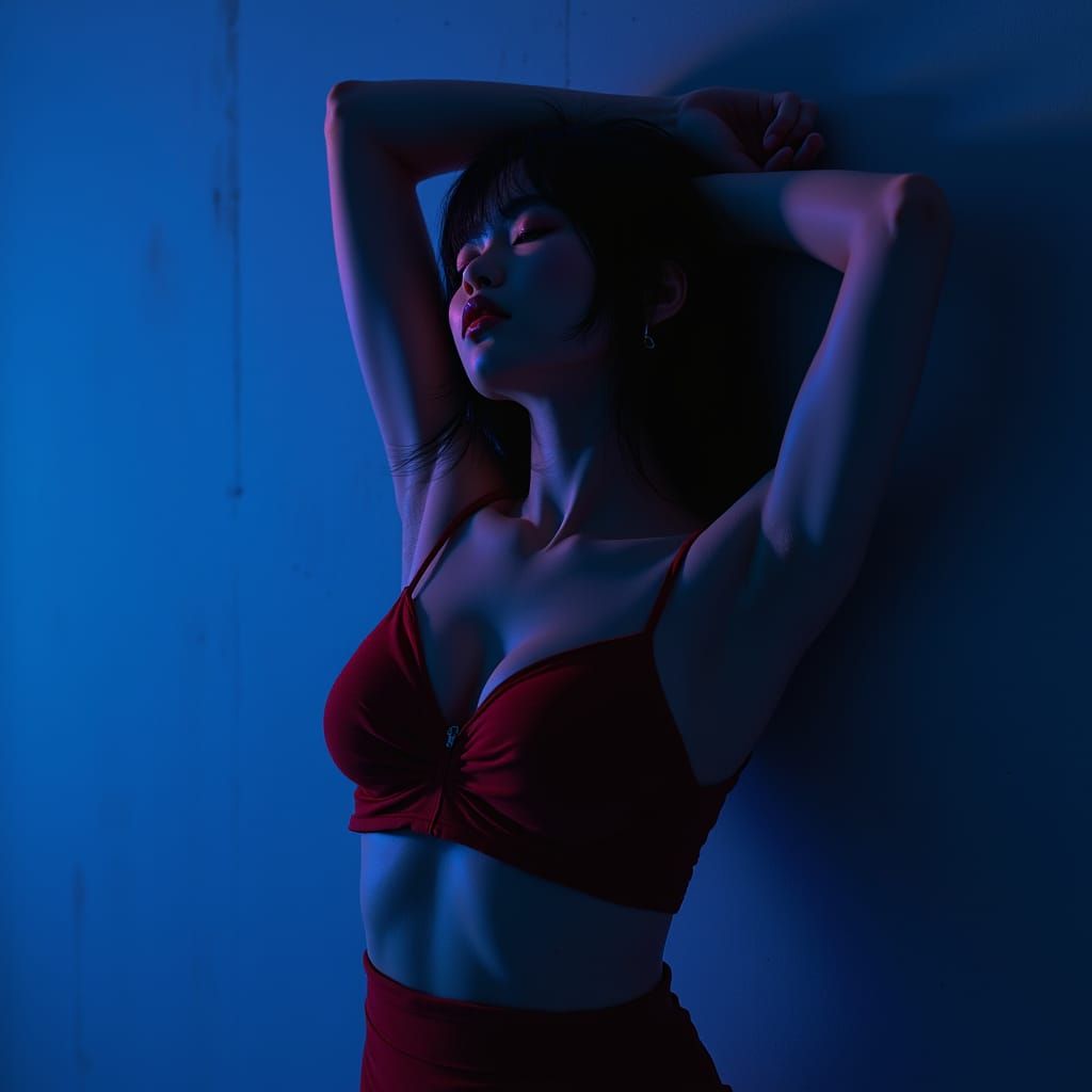 Emotional Woman in Retro Anime Style with Blue Light