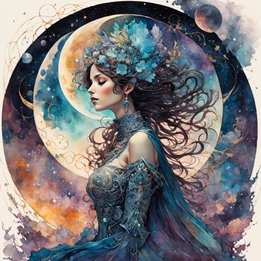 Holographic Astral Woman in Romantic Watercolor Style