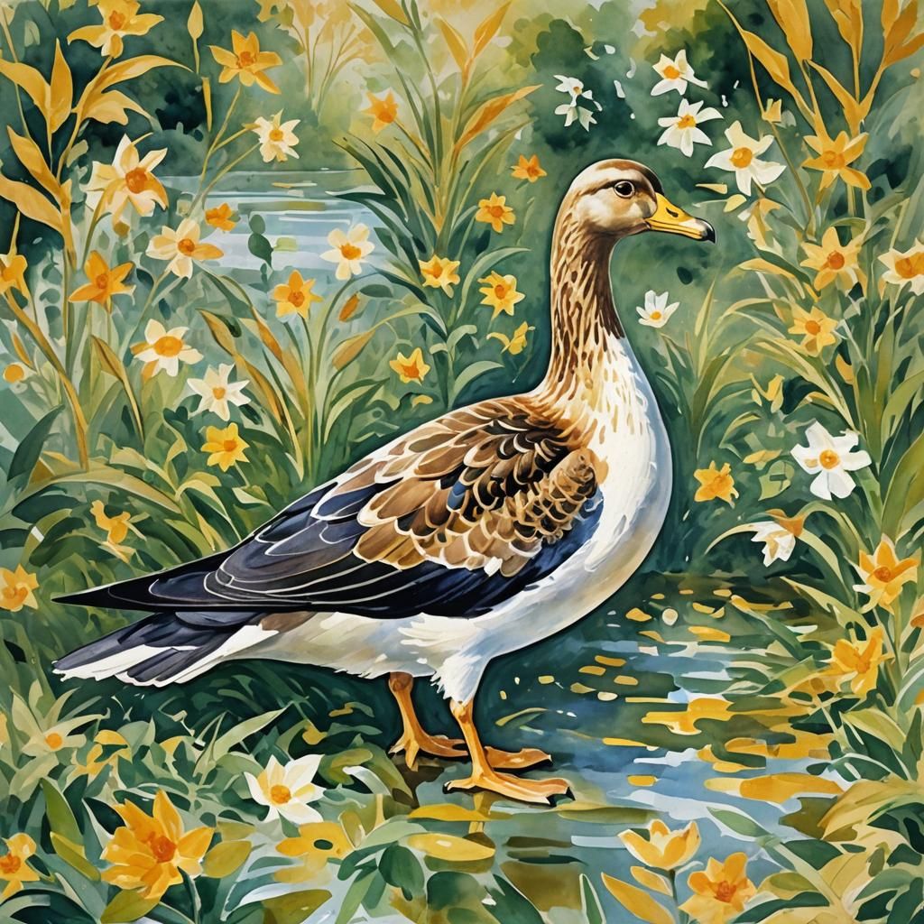 Golden Goose in Gouache Impressionist Style