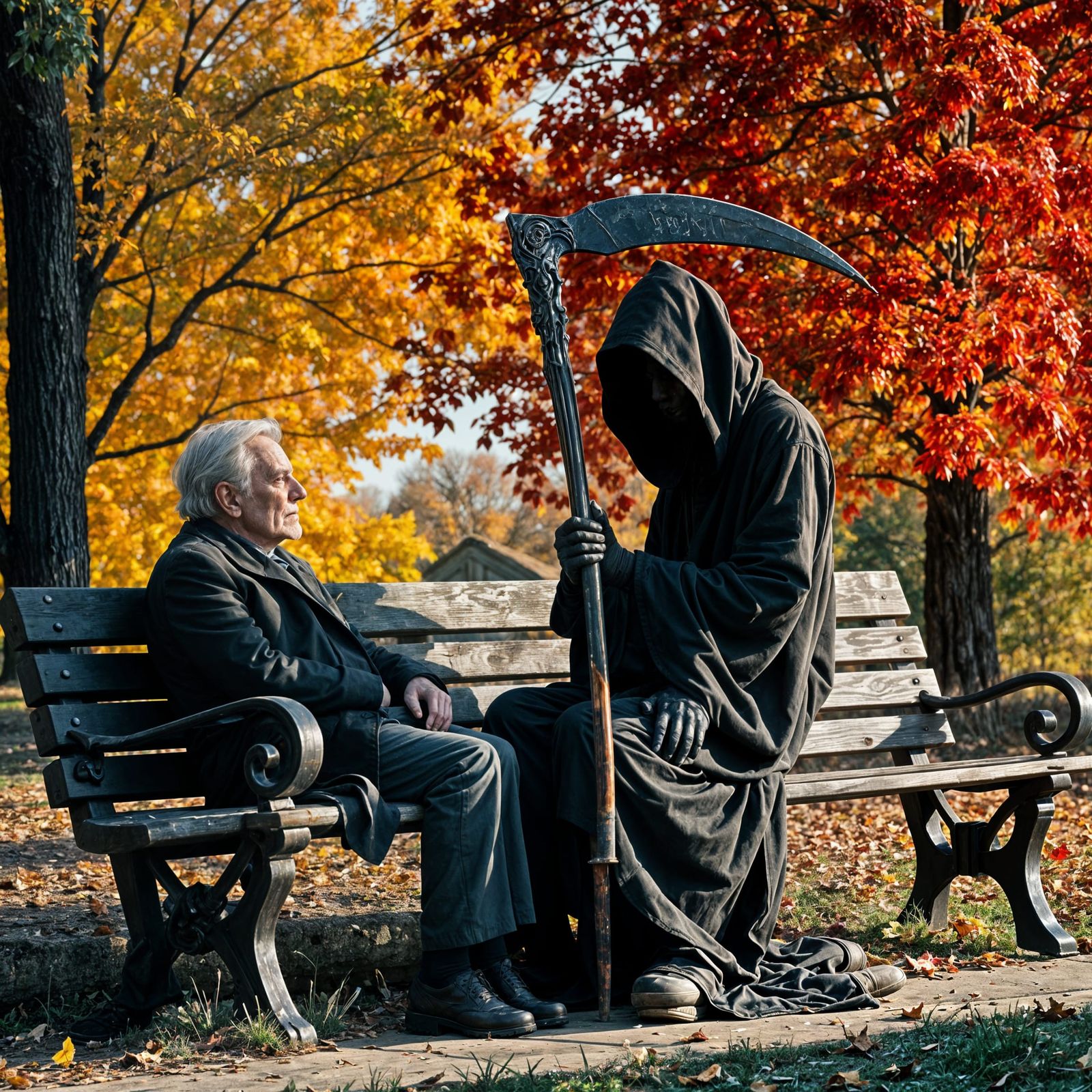 Grim Reaper and Elderly Man in Watercolor Style