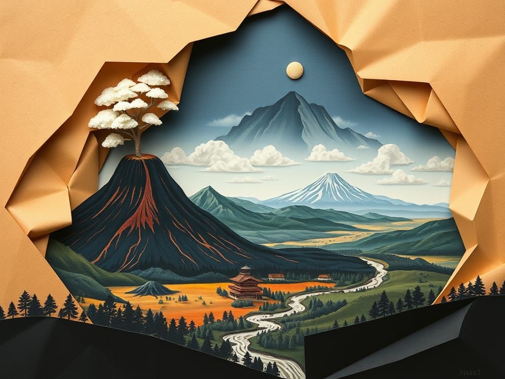 Metaphysical Landscape Painting with Volcano and River