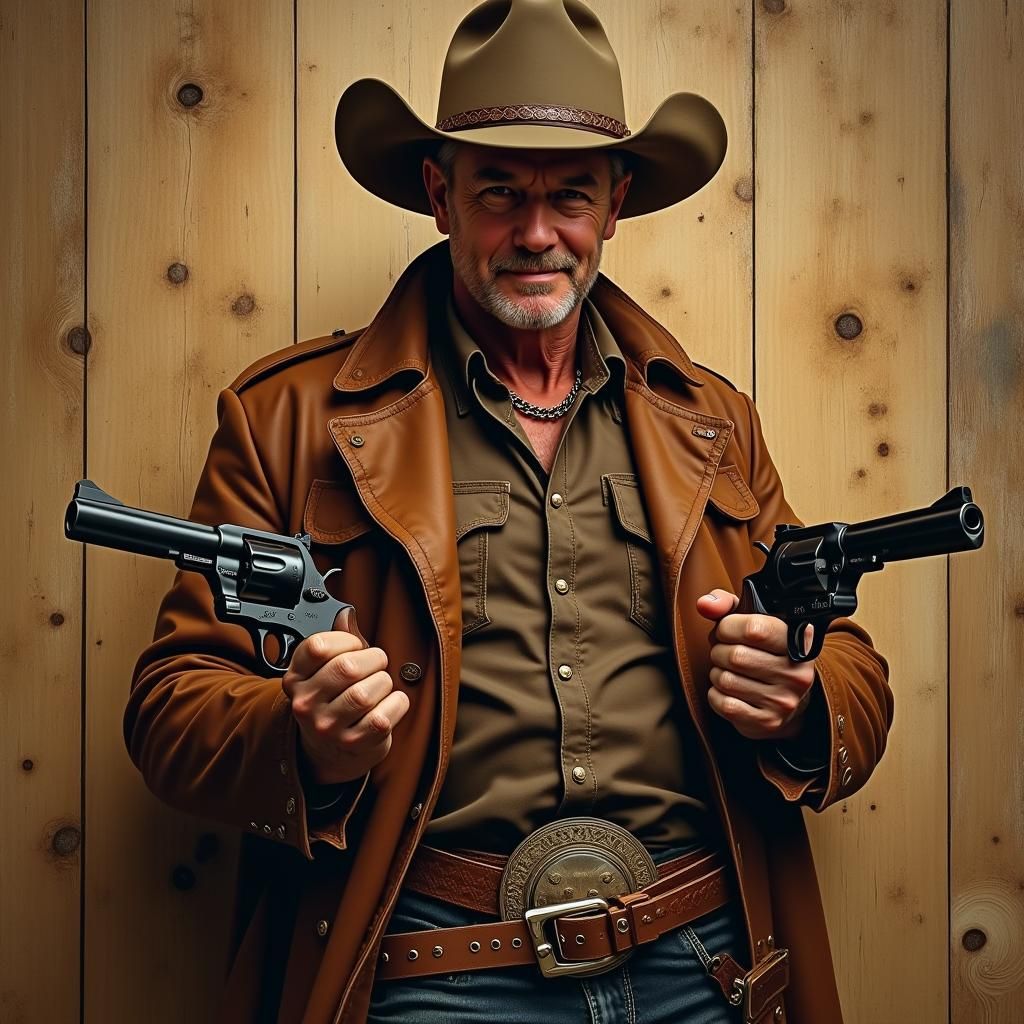 Rugged Cowboy Portrait with Revolvers in Photorealistic Styl...