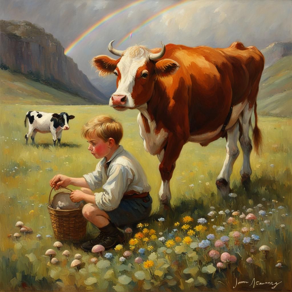 Boy Milking Cow Under Rainbow, Oil Painting
