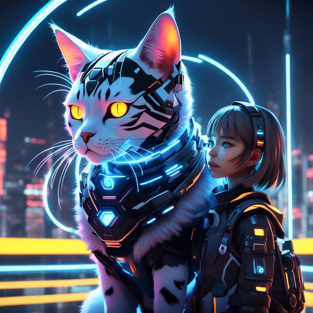 Cyborg Cat and Girl in Neon Futuristic Anime Art