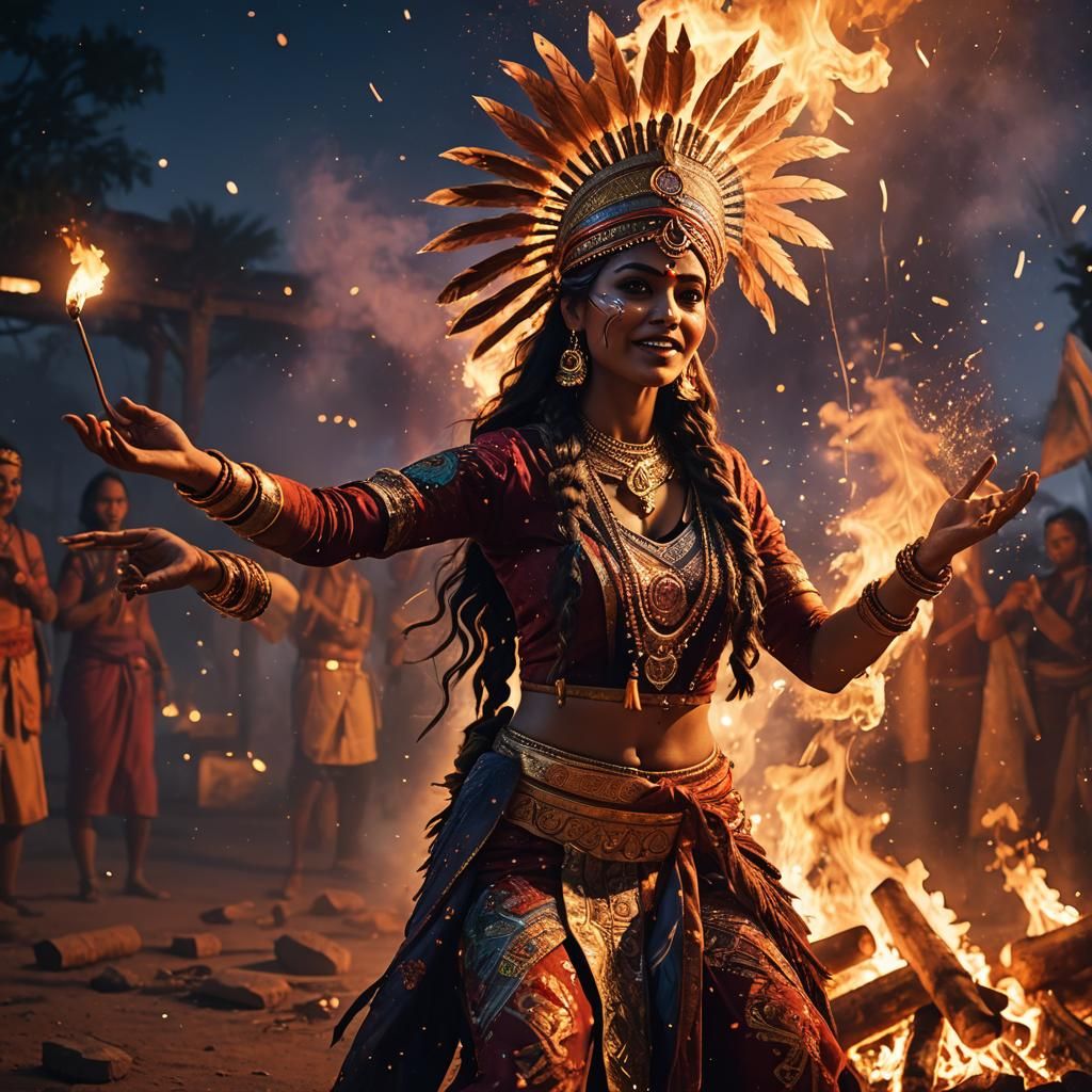Native Woman Dancing in Firelight: 3D Game Art