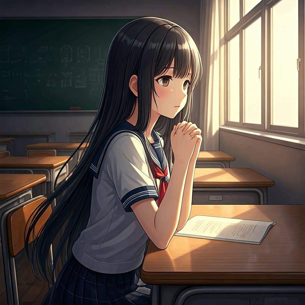 Surreal Kuudere Girl Lost in Contemplative Classroom